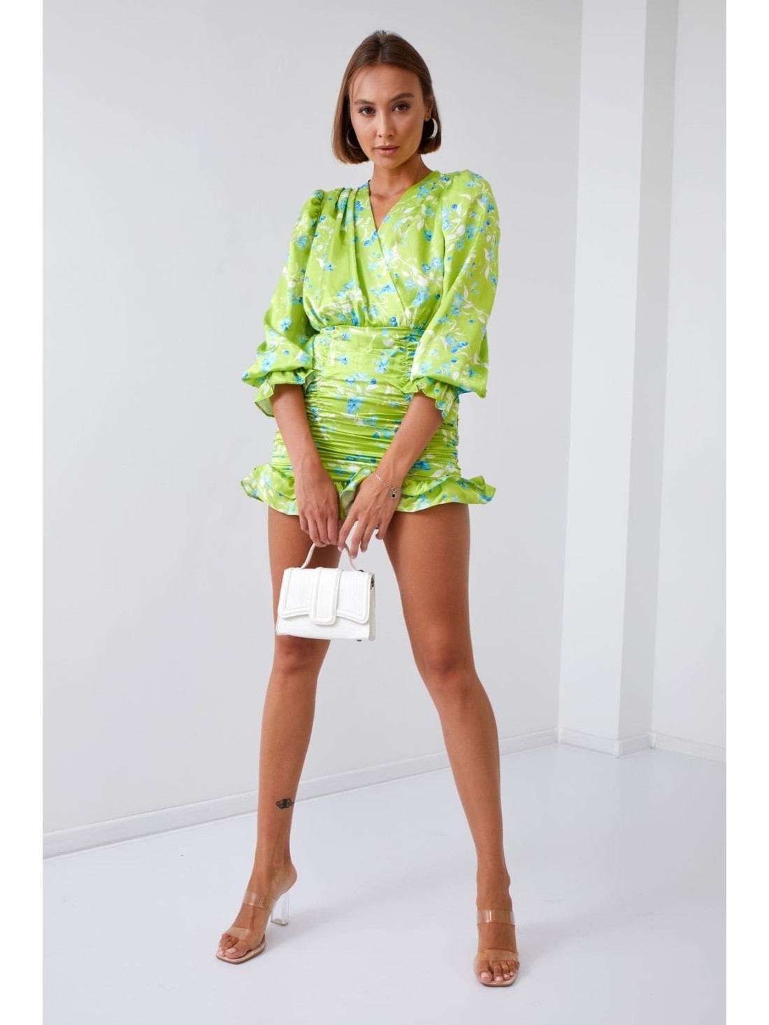 Fitted floral dress with draping, lime green 2937 - Online store - Boutique